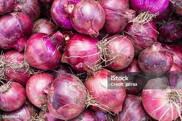 Harvested Red Onions On Display Stock Photo - Download Image Now - 2015, Agriculture, Backgrounds