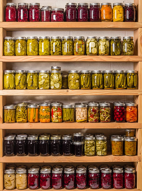 Shelves of homemade preserves and canned goods