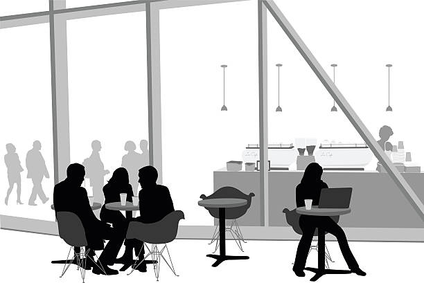 Modern Cafe Friends A vector silhouette illustration of people sitting on tables and cahirs outside of a coffee shop.  A young woman sits alone and uses her lap top.  A group of three adults sit and talk at another table.  Behind them is a window showing a coffee bar. window silhouettes stock illustrations