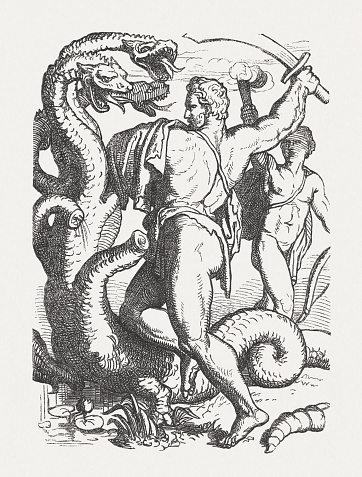 Hercules slaying the Hydra. Scene from the Greek mythology. Wood engraving, published in 1880.