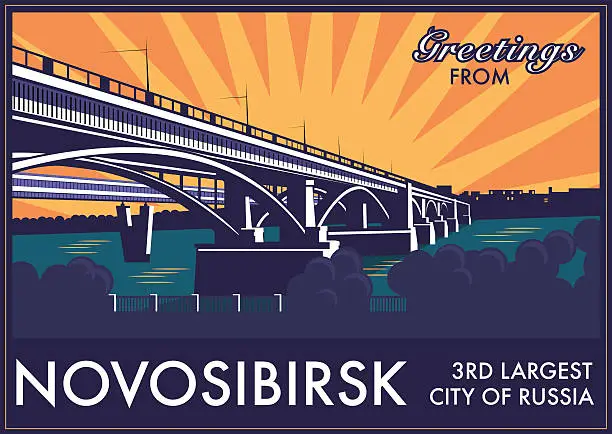 Vector illustration of Vintage touristic greeting card, Novosibirsk, Russia. Ob river bridge.