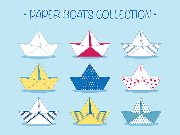 Set of nine cute origami paper boats or ships Set of nine cute origami paper boats or ships with different patterns and decorations. Sea theme. Vector illustration. toy boat stock illustrations