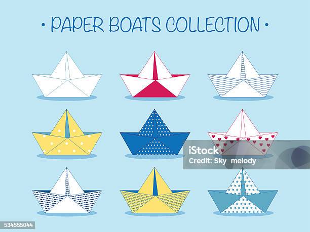 Set Of Nine Cute Origami Paper Boats Or Ships Stock Illustration - Download Image Now - Paper Boat, Sea, Adventure