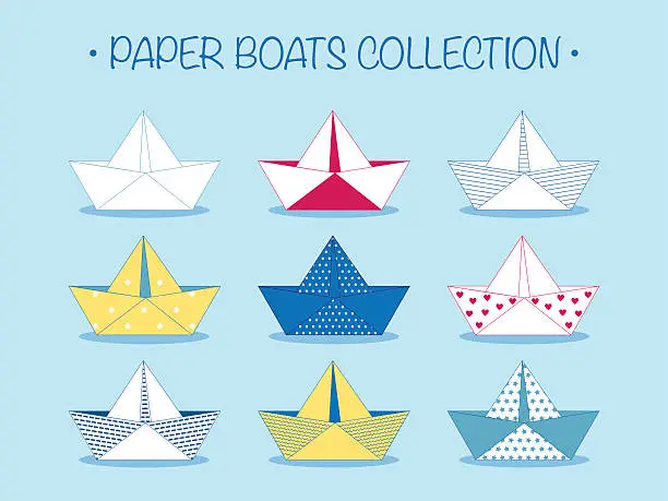 Vector illustration of Set of nine cute origami paper boats or ships