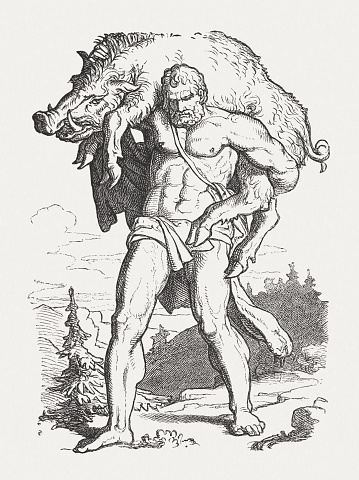 Hercules and the Erymanthian Boar. Scene from the Greek Mythology. Wood engraving, published in 1880.