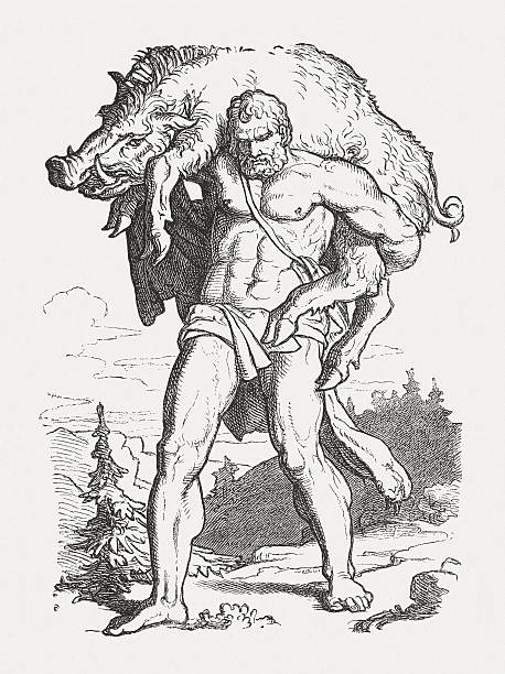 Hercules and the Erymanthian Boar, Greek mythology, published in 1880 Hercules and the Erymanthian Boar. Scene from the Greek Mythology. Wood engraving, published in 1880. mythological character stock illustrations