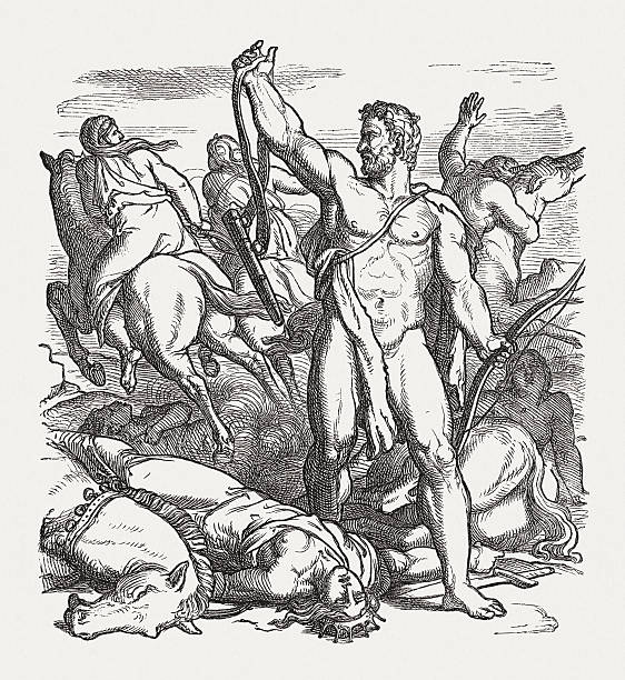 herkules pokonała pasek amazonii królowa, opublikowana w 1880 roku - conquered stock illustrations