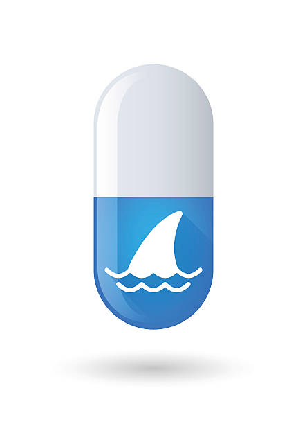 illustrazioni stock, clip art, cartoni animati e icone di tendenza di icona blu pillola con pinne di squalo - spinarolo