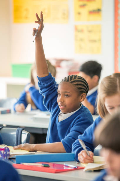 istock Elementary school children in classroom during lesson, girl raising hand 534576371