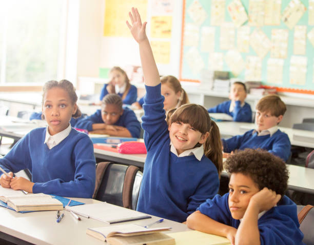 istock Elementary school children in classroom during lesson, smiling girl raising hand 534576609