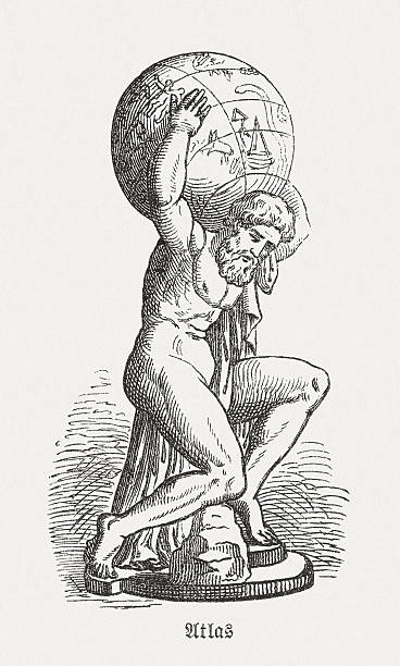 Atlas, figure of the Greek mythology, wood engraving, published 1880 Atlas - figure of the Greek mythology. Wood engraving, published in 1880 man holding earth stock illustrations