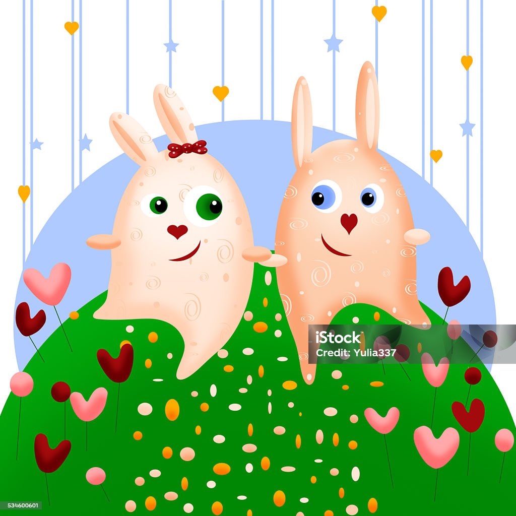 romantic rabbits Two romantic rabbits on a  summer landscape with flowers 2015 stock illustration