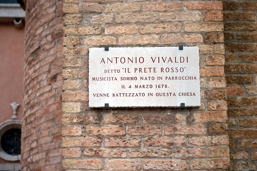 memorial plaque on the wall of the church where he was baptized great Italian musician Antonio Vivaldi, Venice, Italy