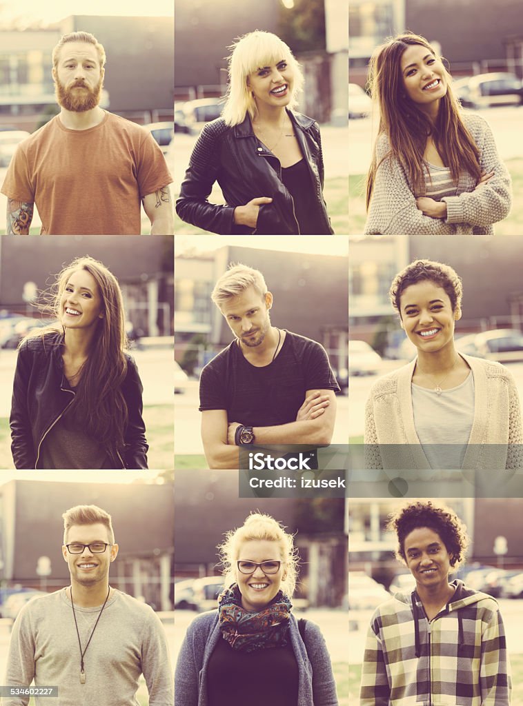 Outdoor portraits of nine mixed race young poeple A set of outdoor portraits of multicultural and different young people - caucasian, asian, latin and afro american, blonde and brunette. Image Montage Stock Photo