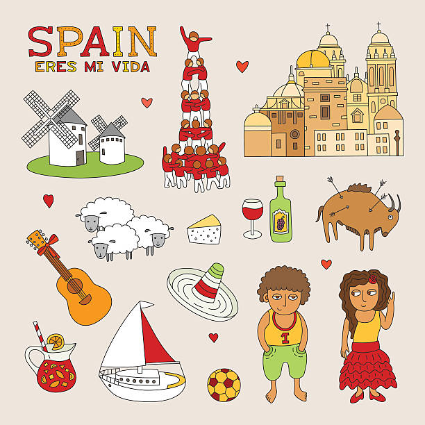 ilustraciones, imágenes clip art, dibujos animados e iconos de stock de vector españa garabato arte de viajes y turismo - castellers