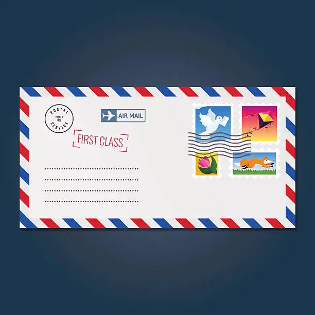 Vector illustration of Envelope with stamps (dove, kite, tulip and fox)