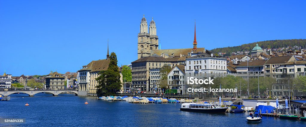 Grossmunster Zurich. Grossmunster cathedral with river limmat.Zurich. 2015 Stock Photo