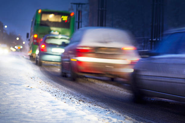 冬の交通 - rear view winter blizzard nordic countries ストックフォトと画像