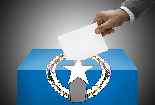 Ballot box painted into national flag colors - Commonwealth of the Northern Mariana Islands