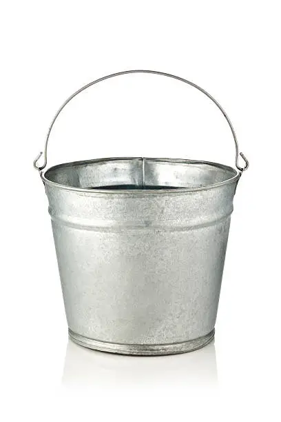 Old metal bucket isolated on reflective white background