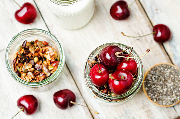 Chia seeds granola Greek yoghurt pudding with cherries