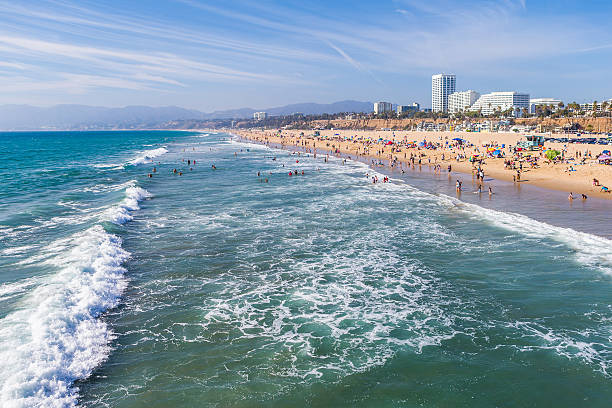 surfen in santa monica, strand - santa monica santa monica beach beach california stock-fotos und bilder