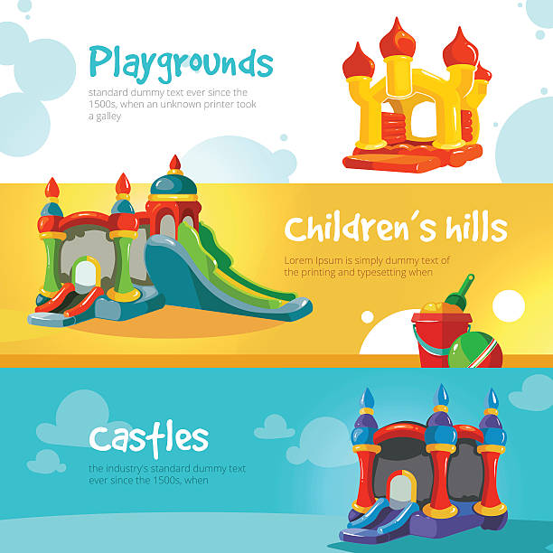 ilustraciones, imágenes clip art, dibujos animados e iconos de stock de colchonetas inflables castillos y colinas de en el patio de juegos para niños - inflatable child playground leisure games