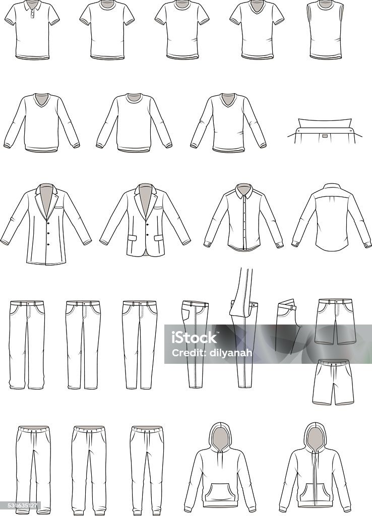 Men's clothing illustration, garment Men's clothing illustration, garment, vector outline, shirts, sportswear, coat, pants Pants stock vector