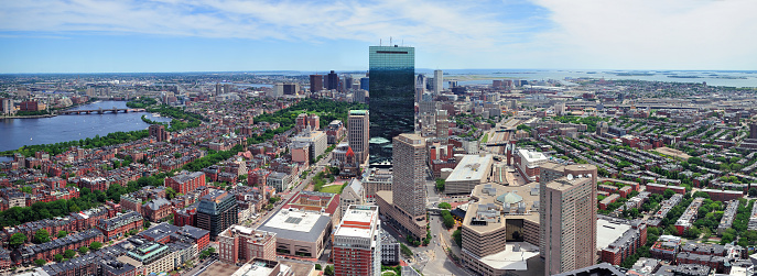 Boston skyline aerial view panorama with skyscrapers and Charles River.