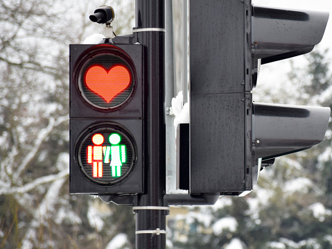 green and red traffic in love. Valentine's photo.