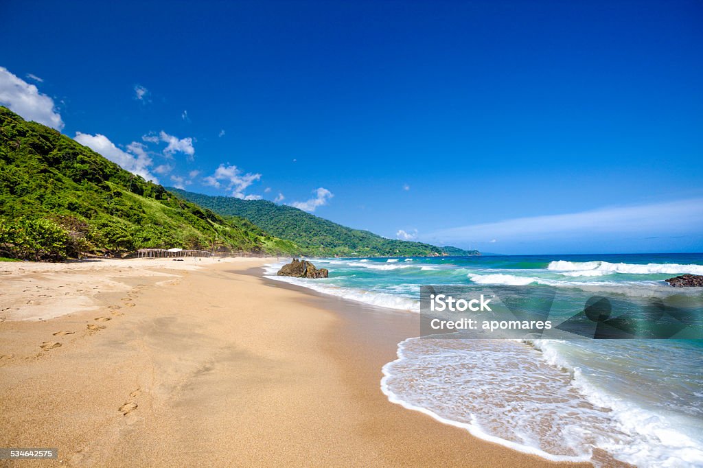 Tropical golden sand beach in the Caribbean Tropical Golden sand beach in the Caribbean sea with rocks and waves. Todasana beach, Vargas state, Venezuela Margarita Island Stock Photo