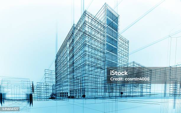 Wireframe Buildings Stock Photo - Download Image Now - Construction Industry, Architecture, Blueprint