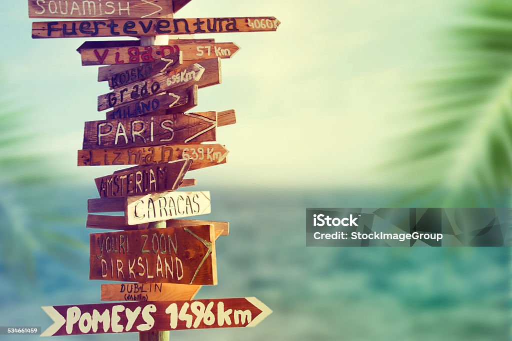 Direction signpost with distance to many different countries Travel Stock Photo