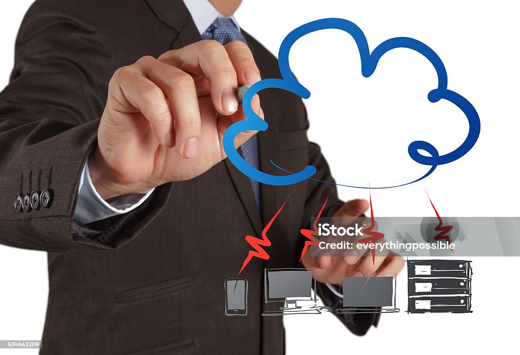 Cloud Computing diagram on the new computer interface Businessman drawing a Cloud Computing diagram on the new computer interface Business Stock Photo