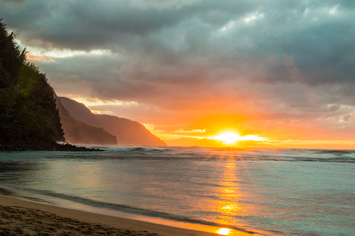 Sunset on the Na Pali coastline seen from Ke'e Beach.