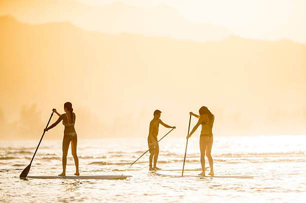 친구들에게 스탠드 업 paddleboards (sup) - women sensuality surfing water sport 뉴스 사진 이미지