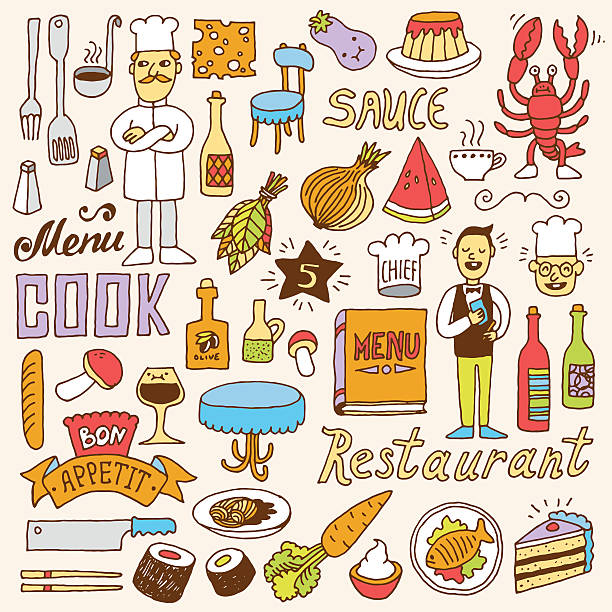 restaurant bunten doodle set 2. hand drawn. vektor-illustration. - back seat illustrations stock-grafiken, -clipart, -cartoons und -symbole