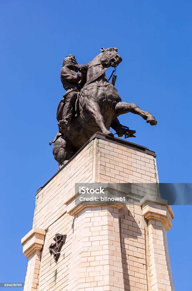 Equestrian statue to the founder of Togliatti Vasily Tatishchev TOGLIATTI, RUSSIA - MAY 18, 2014: Equestrian statue to the founder of Togliatti Vasily Tatishchev. Monument was unveiled on September 2, 1998 Russia Stock Photo