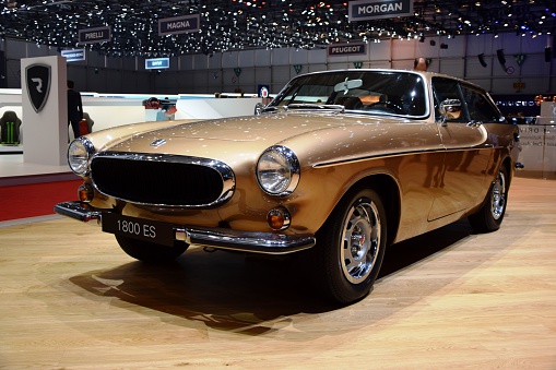 Geneva, Switzerland - March 1st, 2016: The presentation of classic Volvo 1800ES on the motor show. The 1800ES model is the one of the most wanted and rare classic cars. This model was built in only 8077 examples.