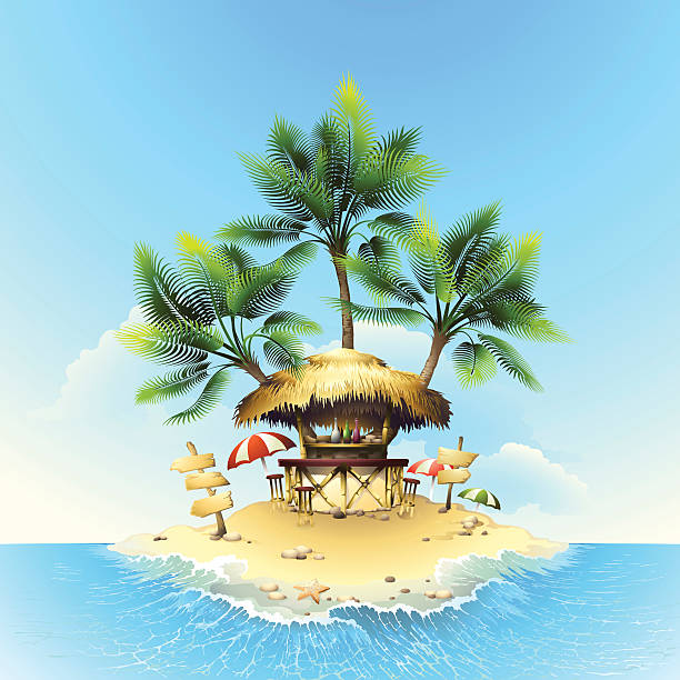 istock Tropical bungalow bar on island in ocean 534680745