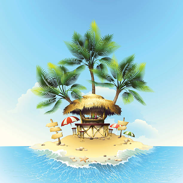 Tropical bungalow bar on island in ocean Tropical bungalow bar on island in ocean beach bar stock illustrations