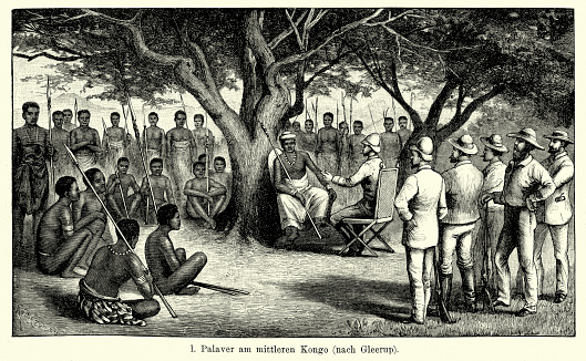 Vintage engraving of Palaver on the central Congo. Meeting in the Congo between native africans and europeans. Ferdinand Hirts Geographische Bildertafeln,1886.