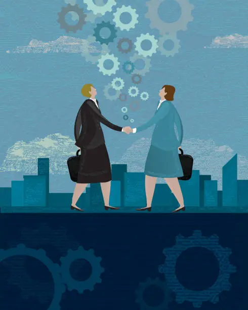 Vector illustration of Stylized women handshake on cityscape background