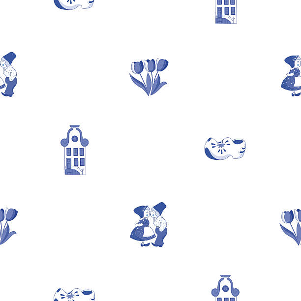 ilustrações, clipart, desenhos animados e ícones de sem costura padrão com ornamentos holandesas (deflt blue estilo) - delftware