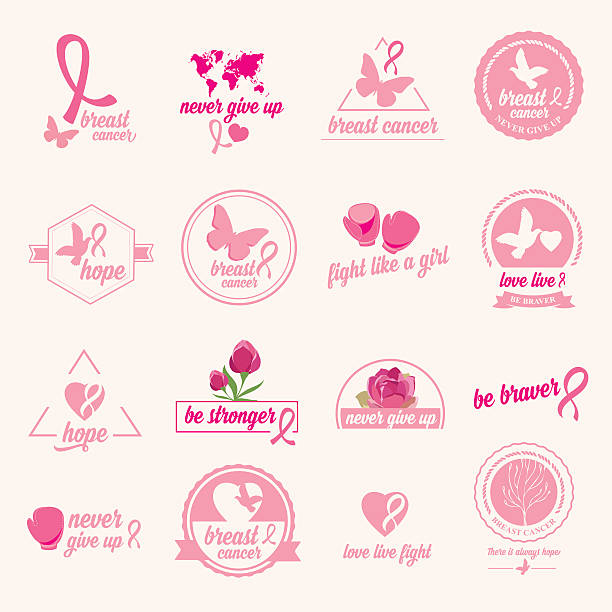 ilustraciones, imágenes clip art, dibujos animados e iconos de stock de juego de pegatinas de cáncer de mama. - beast cancer awareness month