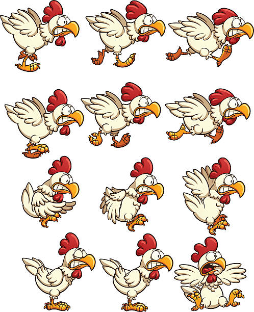 Chicken sprites Chicken sprites with running,idle and flying animations. Vector clip art illustration with simple gradients. Each on a separate layer. scared chicken cartoon stock illustrations