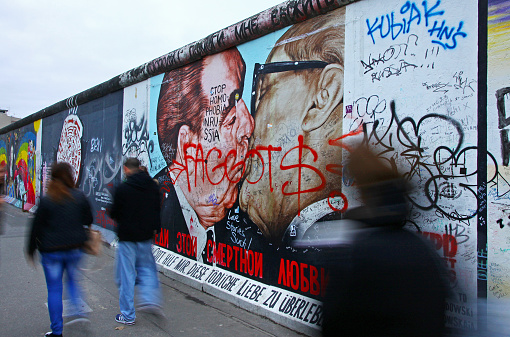 Berlin, Germany - November 10, 2013: People walking near East Side Gallery in Berlin, Germany. It's a 1.3 km long part of original Berlin Wall which collapsed in 1989, and now is the largest world amateur art gallery of graffiti