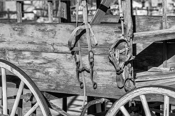 istock Wild West wooden Buckboard with two bridles and bits hanging 534714715