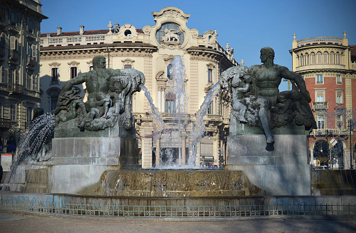 Sydney, Australia - October 10, 2023: Fountain in city park, Archibald Fountain in Hyde park, Commemorates the association between Australia and France in World War 1. Art Deco style, background with copy space, full frame horizontal composition