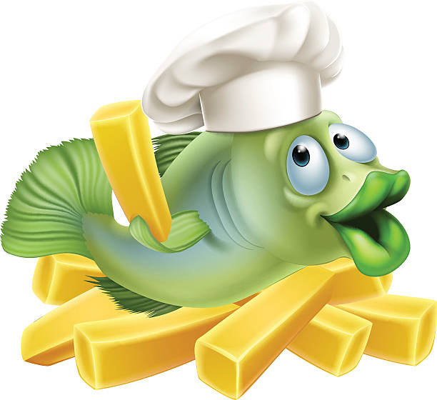 ilustraciones, imágenes clip art, dibujos animados e iconos de stock de pescado con papas fritas chef - fish prepared fish fishing bass